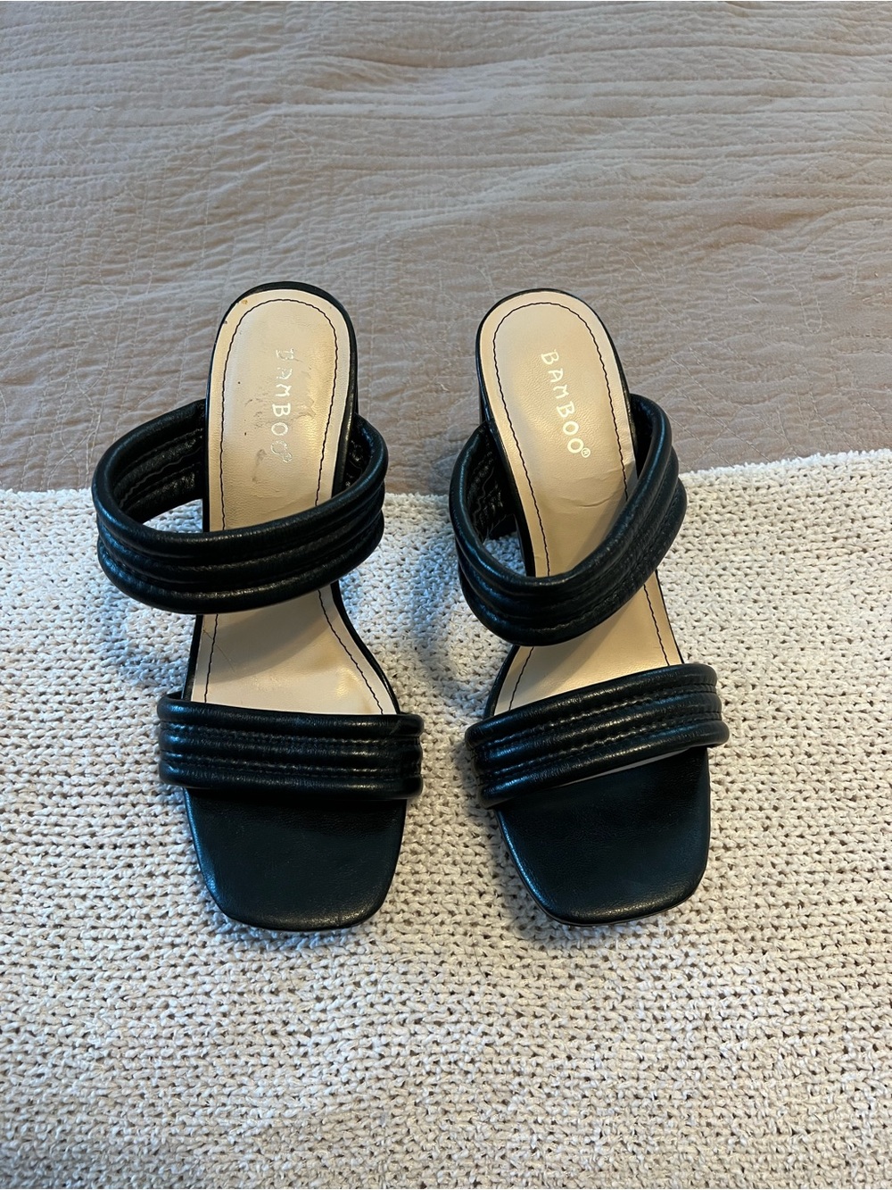 BAMBOO Black Double-Strap Square Toe Slide Heels
